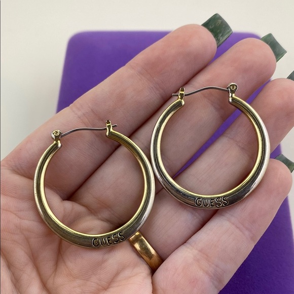 💛 Guess Gold and Silver Classic Hoop Earrings - Picture 4 of 5